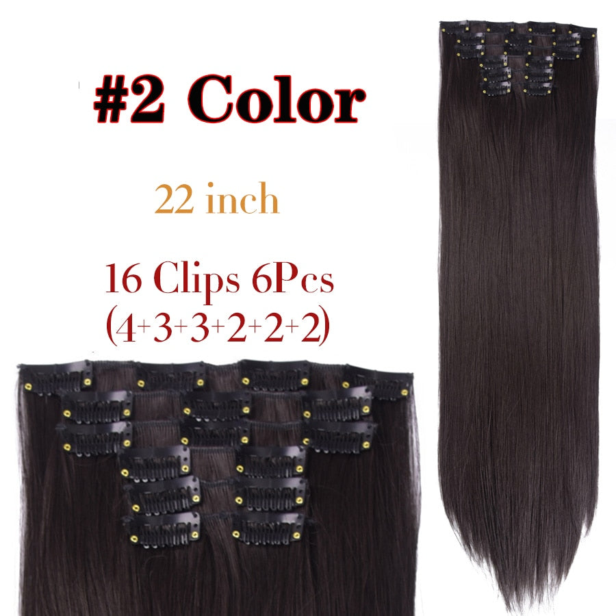 Alileader Synthetic Clip On Hair Extension 6Pcs/Set 22inch Straight Hairpiece Curly 16 Clips In Hair Ombre Heat Resistant Fiber