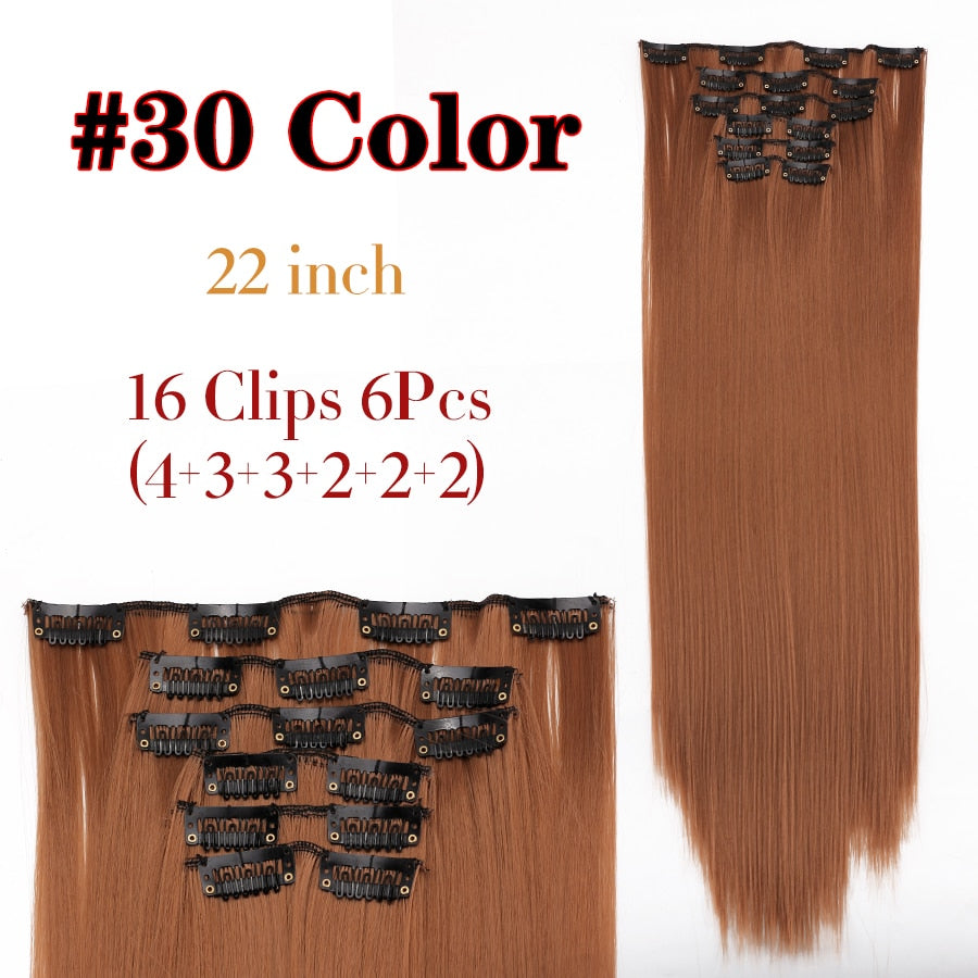 Alileader Synthetic Clip On Hair Extension 6Pcs/Set 22inch Straight Hairpiece Curly 16 Clips In Hair Ombre Heat Resistant Fiber