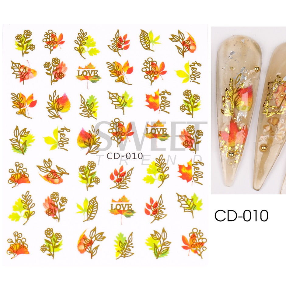 Maple Leaf Fall Nail Design Black Yellow Leaves Autumn Nail Art Stickers for Manicure 3D Polish  October Sliders Foils SASW-CS