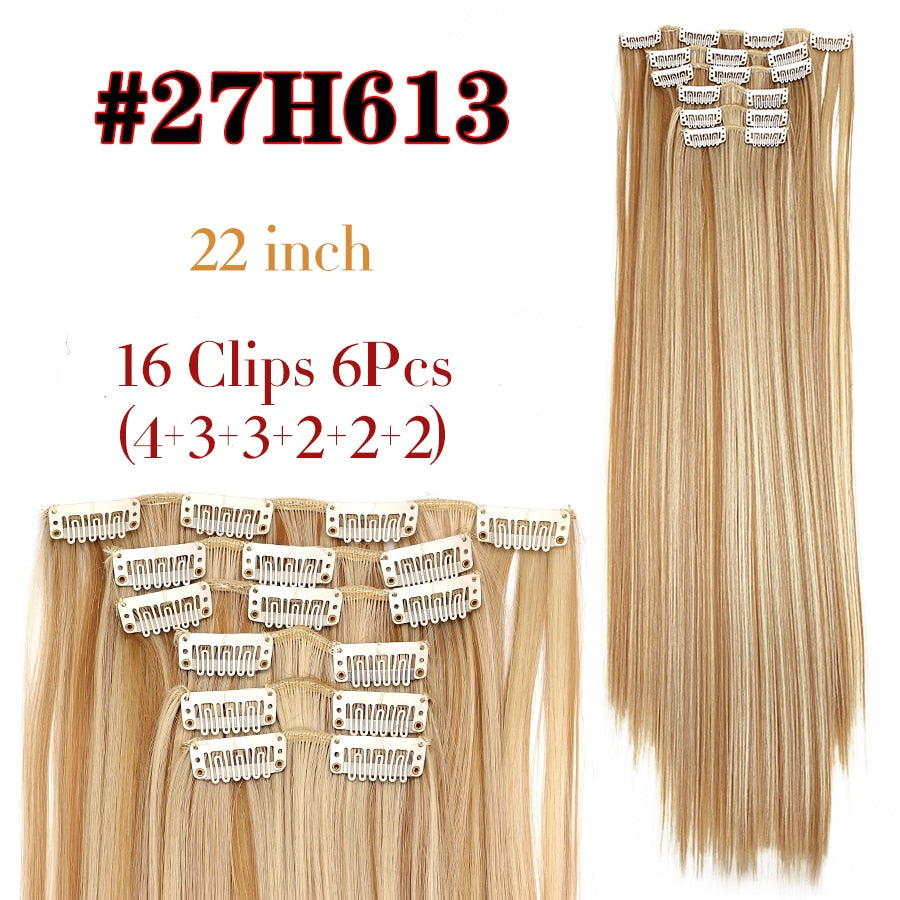 Alileader Synthetic Clip On Hair Extension 6Pcs/Set 22inch Straight Hairpiece Curly 16 Clips In Hair Ombre Heat Resistant Fiber