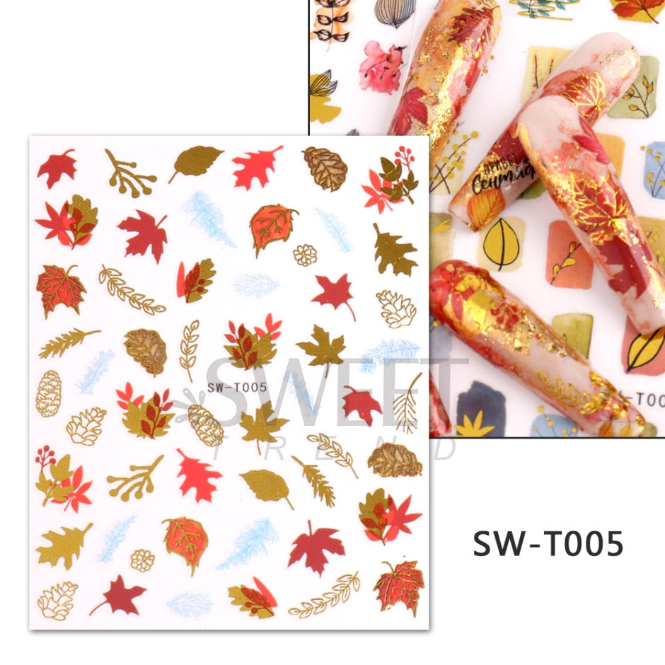 Maple Leaf Fall Nail Design Black Yellow Leaves Autumn Nail Art Stickers for Manicure 3D Polish  October Sliders Foils SASW-CS