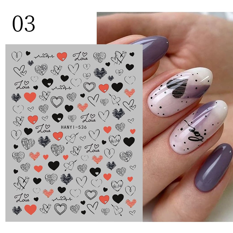 Harunouta Purple Heart Love Design 3D Nail Sticker Letters Stickers Face Pattern Trasnfer Sliders Valentine Nail Art Decoration