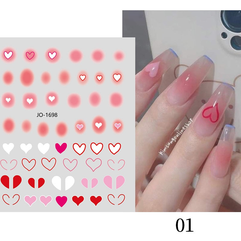 Harunouta Purple Heart Love Design 3D Nail Sticker Letters Stickers Face Pattern Trasnfer Sliders Valentine Nail Art Decoration