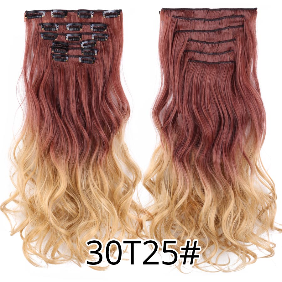 Alileader Synthetic Clip On Hair Extension 6Pcs/Set 22inch Straight Hairpiece Curly 16 Clips In Hair Ombre Heat Resistant Fiber