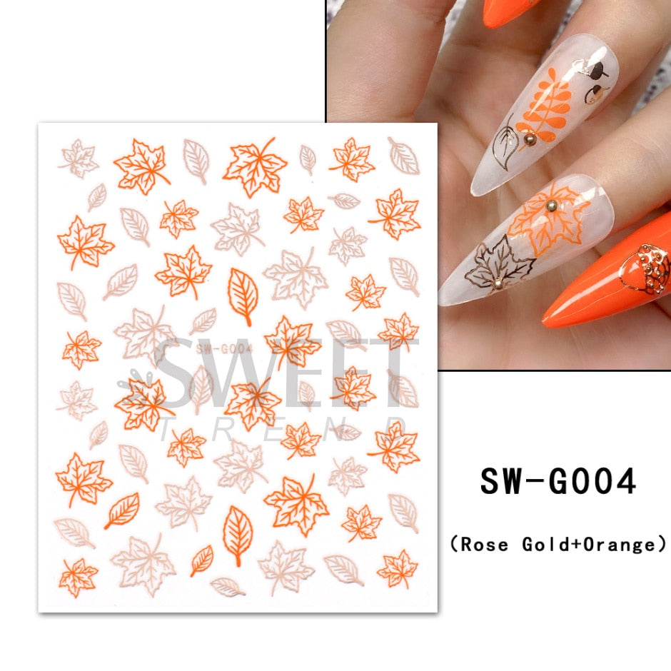 Maple Leaf Fall Nail Design Black Yellow Leaves Autumn Nail Art Stickers for Manicure 3D Polish  October Sliders Foils SASW-CS