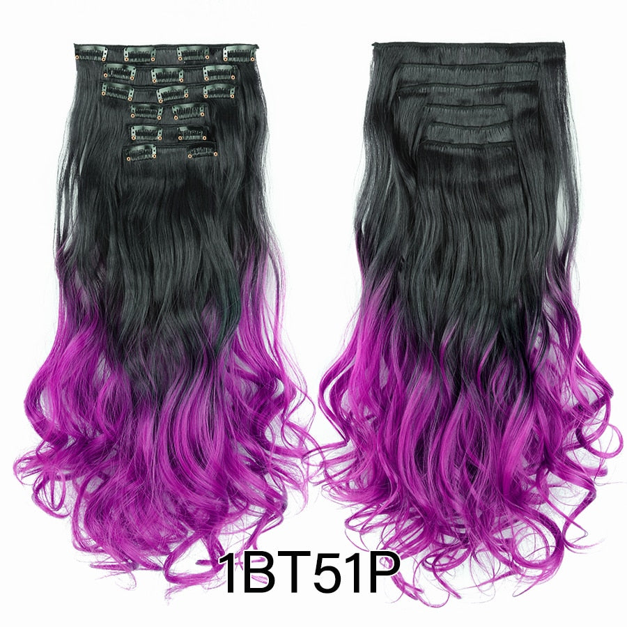 Alileader Synthetic Clip On Hair Extension 6Pcs/Set 22inch Straight Hairpiece Curly 16 Clips In Hair Ombre Heat Resistant Fiber