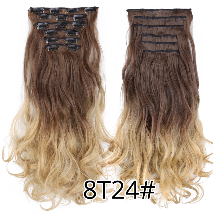 Alileader Synthetic Clip On Hair Extension 6Pcs/Set 22inch Straight Hairpiece Curly 16 Clips In Hair Ombre Heat Resistant Fiber