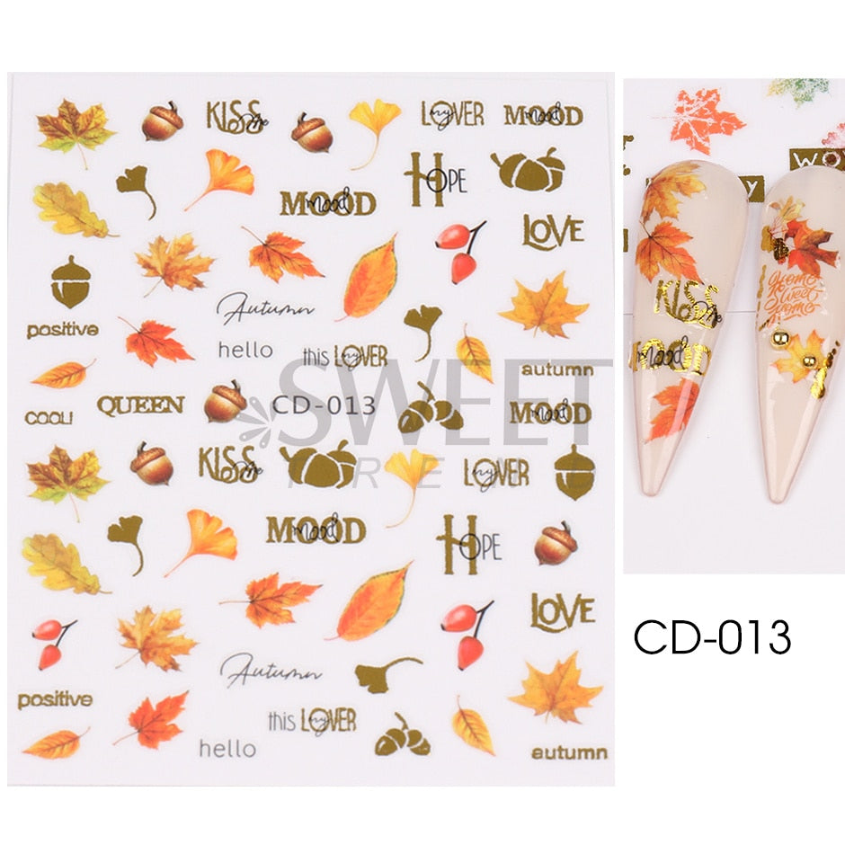 Maple Leaf Fall Nail Design Black Yellow Leaves Autumn Nail Art Stickers for Manicure 3D Polish  October Sliders Foils SASW-CS