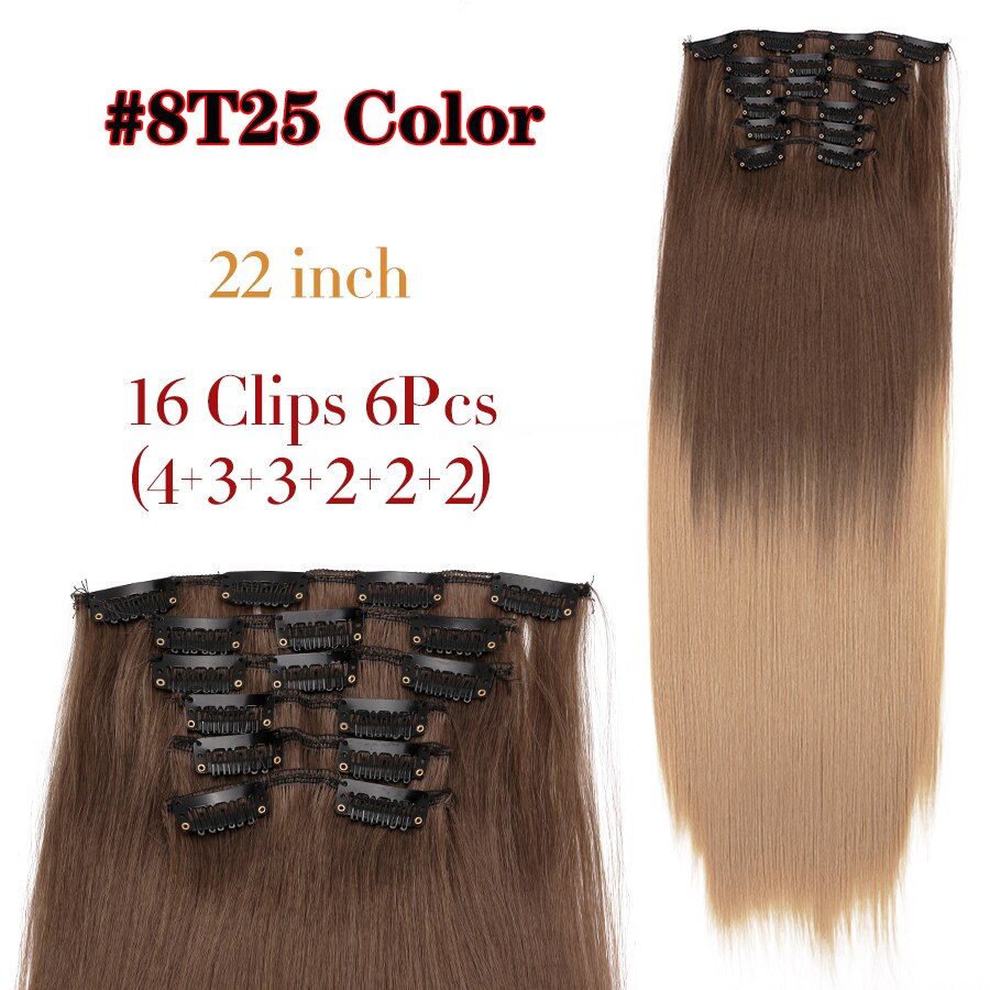 Alileader Synthetic Clip On Hair Extension 6Pcs/Set 22inch Straight Hairpiece Curly 16 Clips In Hair Ombre Heat Resistant Fiber