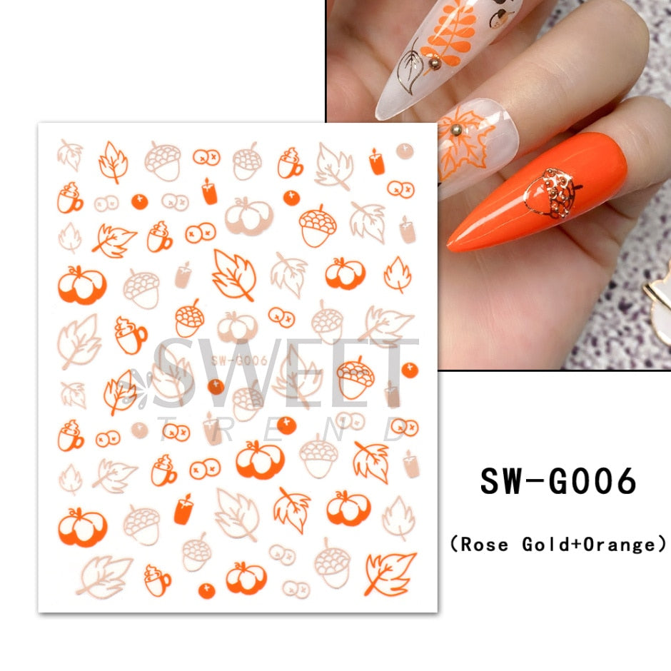 Maple Leaf Fall Nail Design Black Yellow Leaves Autumn Nail Art Stickers for Manicure 3D Polish  October Sliders Foils SASW-CS