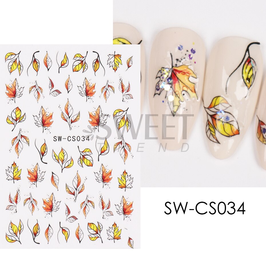 Maple Leaf Fall Nail Design Black Yellow Leaves Autumn Nail Art Stickers for Manicure 3D Polish  October Sliders Foils SASW-CS