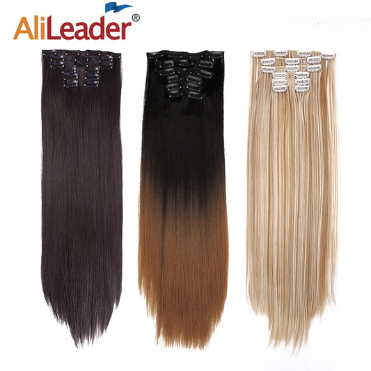 Alileader Synthetic Clip On Hair Extension 6Pcs/Set 22inch Straight Hairpiece Curly 16 Clips In Hair Ombre Heat Resistant Fiber