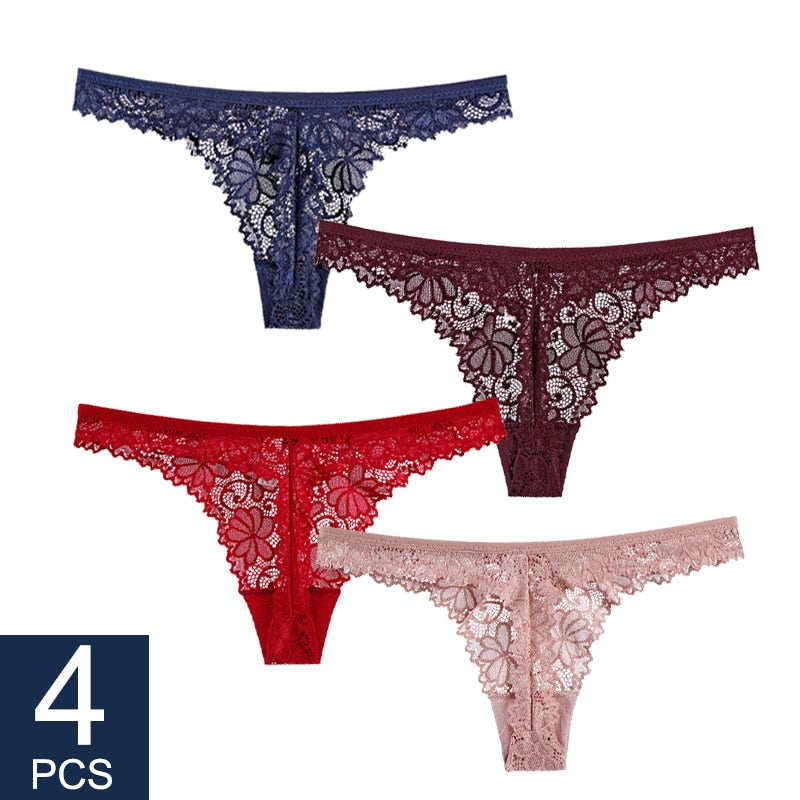 4Pcs Sexy Lace Panties Women Thong Breathable Low Waist Cotton Fashion Women&#39;s Hollow out Underwear Underpants Lingerie