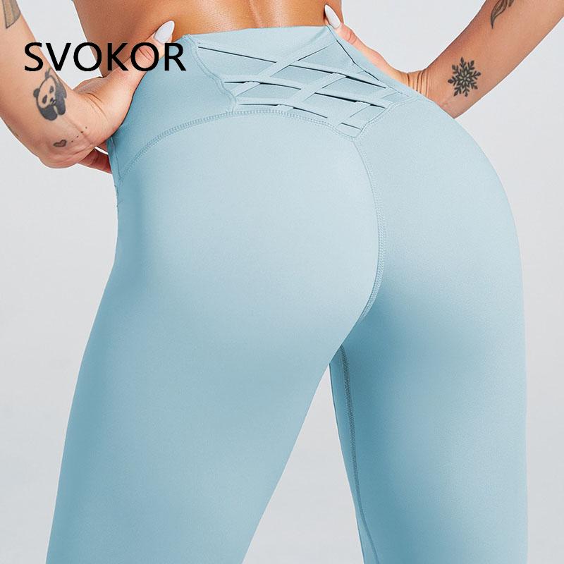 SVOKOR High waist Cross Leggings Women Solid Fitness Workout Pants Slim Fit Sport Push Up Leggings