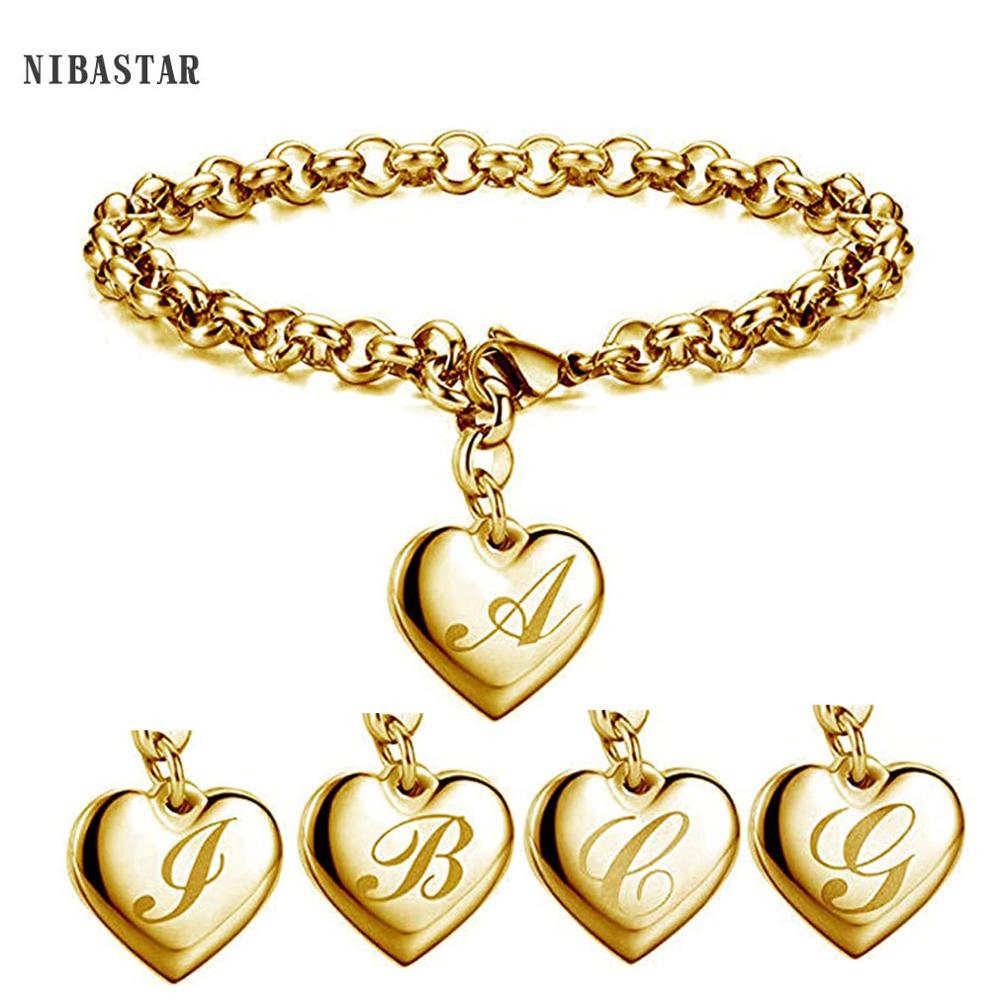 Initial Charm Gold-Color Bracelets Stainless Steel Heart 26 Letters Alphabet Bracelet for Women Girls Kids Gifts