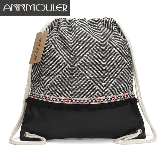 Annmouler Women Fabric Backpack  Gypsy Bohemian Drawstring Bags Tassel Boho Bag High Quality Vintage Patchwork Tribal Bag