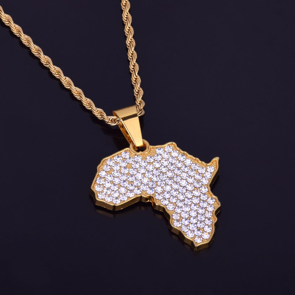 Mappa Africa Ciondolo Collana Bling Strass Cristallo Colore Oro Catena Hip Hop Per Uomini/Donne