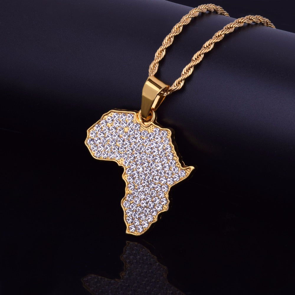 Mappa Africa Ciondolo Collana Bling Strass Cristallo Colore Oro Catena Hip Hop Per Uomini/Donne