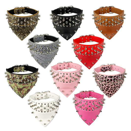 2" Wide Pet Dog Bandana Collars Leather Spiked Studded Pet Dog Collar Scarf Neckerchief  Fit For Medium Large Dogs Pitbull Boxer