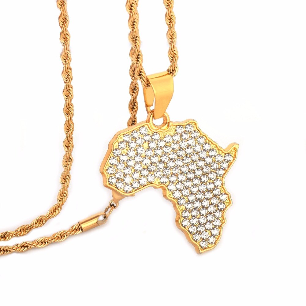 Mappa Africa Ciondolo Collana Bling Strass Cristallo Colore Oro Catena Hip Hop Per Uomini/Donne