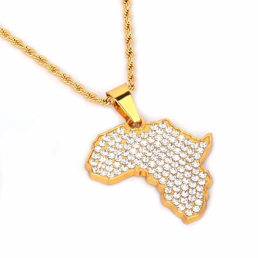 Mappa Africa Ciondolo Collana Bling Strass Cristallo Colore Oro Catena Hip Hop Per Uomini/Donne