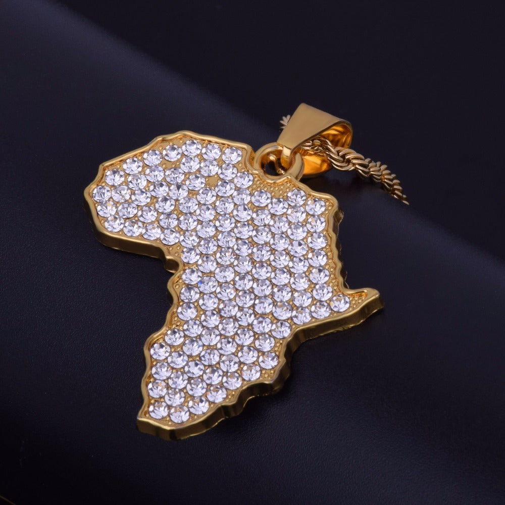 Mappa Africa Ciondolo Collana Bling Strass Cristallo Colore Oro Catena Hip Hop Per Uomini/Donne