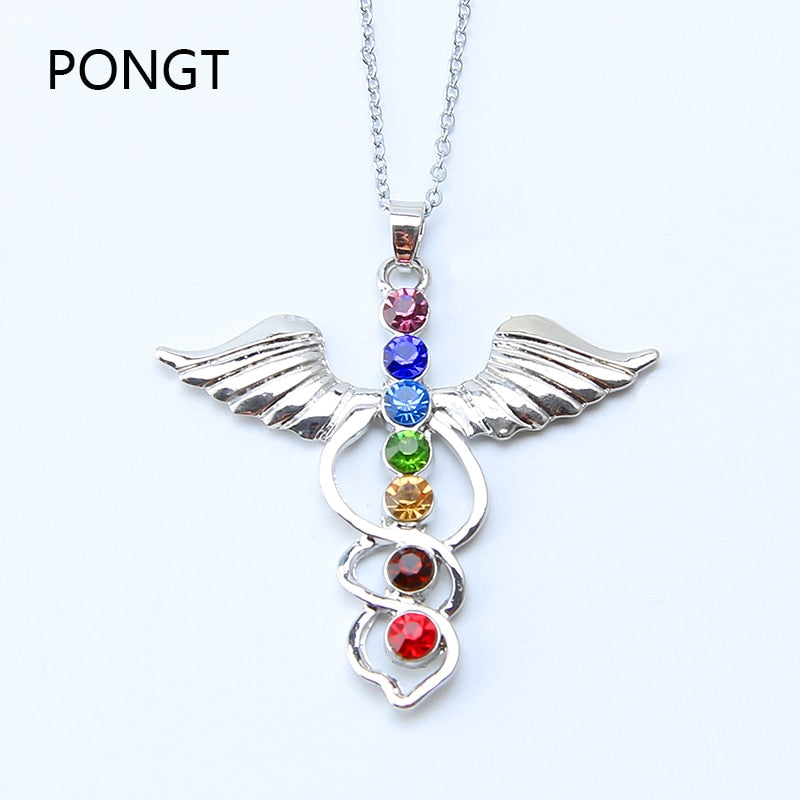 New 7 Chakra Stones Reiki Healing Crystal Rhinestone  Point Chakra Pendant Tree Of Life Pendant Angel Shape Jewelry Necklace