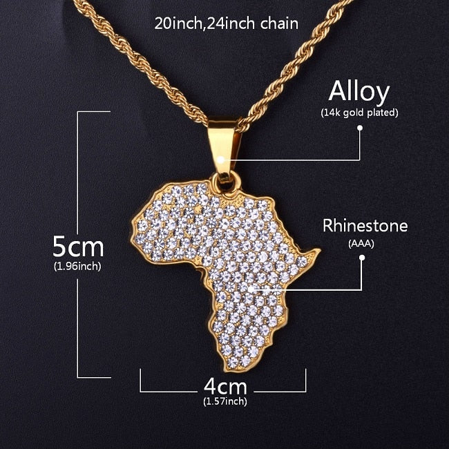 Mappa Africa Ciondolo Collana Bling Strass Cristallo Colore Oro Catena Hip Hop Per Uomini/Donne