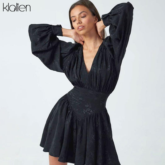 KLALIEN Fashion Black Chiffon Printing Elegant Loose Mini Dress New Women Lantern Full Sleeve Pleated Slim Party Night Dresses