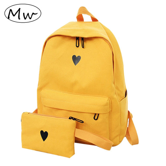 Moon Wood Women&#39;s Yellow Backpack Canvas Printed Heart Backpack Korean Style Students Travel Bag Girl School Bag Laptop Backpack