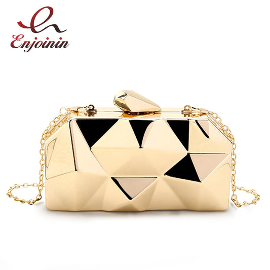 Fashion Handbags Women Metal Clutches Hexagon Mini Party Black Evening Purse Silver Bags Gold Box Chain Shoulder Bag Top Quality