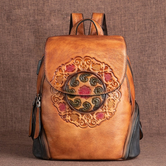 Retro Genuine Leather Backpack Women Bag 2022 Winter Handmade Embossing Floral Large Capacity Bagpack Female Vintage Backpacks