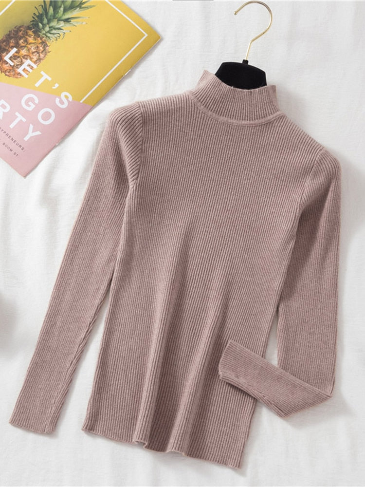 Autumn Women Pullover Sweater Fashion Half Turtleneck Knitted Female Jumper Long Sleeve Winter Black Soft Elastic Blouse