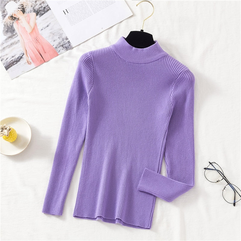 Autumn Women Pullover Sweater Fashion Half Turtleneck Knitted Female Jumper Long Sleeve Winter Black Soft Elastic Blouse