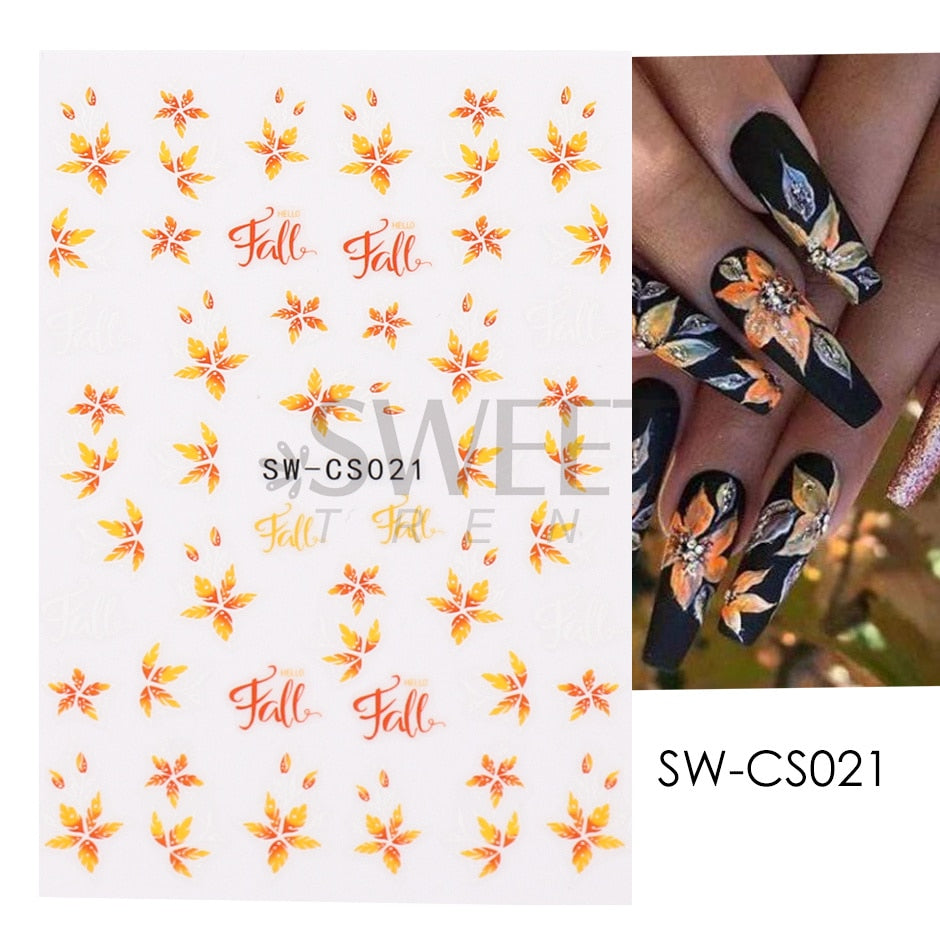 Maple Leaf Fall Nail Design Black Yellow Leaves Autumn Nail Art Stickers for Manicure 3D Polish  October Sliders Foils SASW-CS