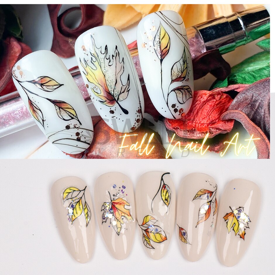 Maple Leaf Fall Nail Design Black Yellow Leaves Autumn Nail Art Stickers for Manicure 3D Polish  October Sliders Foils SASW-CS