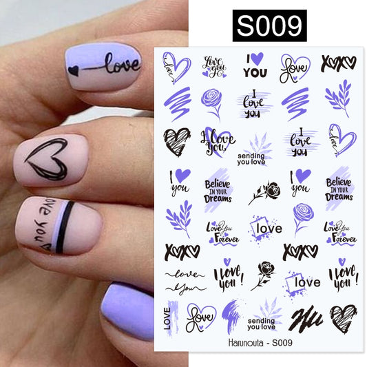 Harunouta Purple Heart Love Design 3D Nail Sticker Letters Stickers Face Pattern Trasnfer Sliders Valentine Nail Art Decoration