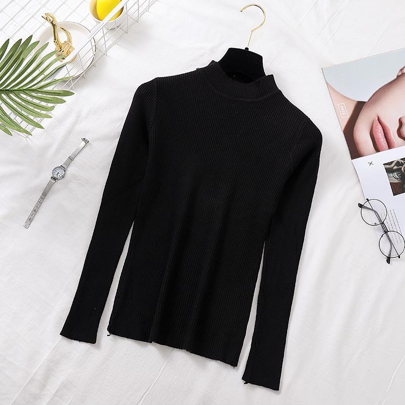 Autumn Women Pullover Sweater Fashion Half Turtleneck Knitted Female Jumper Long Sleeve Winter Black Soft Elastic Blouse