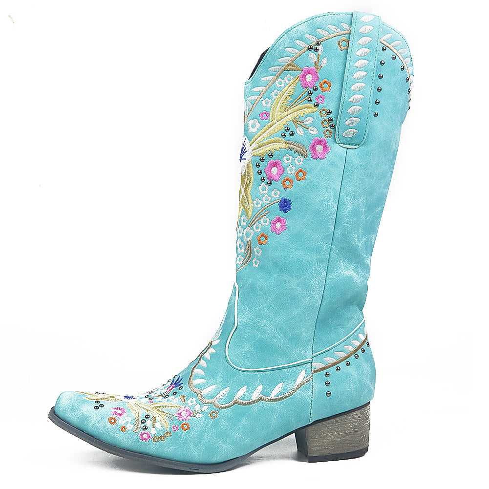 Stivali Western Donna Ricamo Floreale Casual