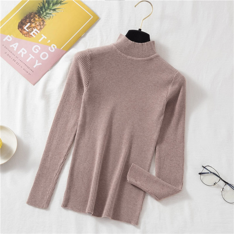 Autumn Women Pullover Sweater Fashion Half Turtleneck Knitted Female Jumper Long Sleeve Winter Black Soft Elastic Blouse