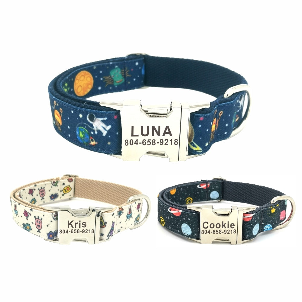 Personalized Space Monster Pet Collar Durable Custom Puppy Name ID Tag Adjustable Rocket Planet Alien Basic Dog Collar Leash