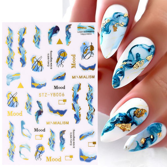 Royalblue Blooming Smoke Stickers on Nails Marble Design Coloring Bloom  Manicure Decals Golden Wave Drawing Nail Slider NLYB006