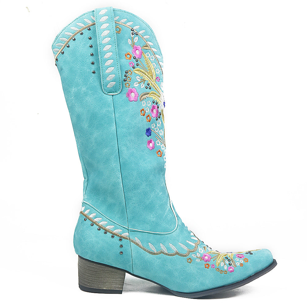 Stivali Western Donna Ricamo Floreale Casual