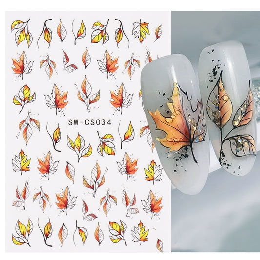 Maple Leaf Fall Nail Design Black Yellow Leaves Autumn Nail Art Stickers for Manicure 3D Polish  October Sliders Foils SASW-CS