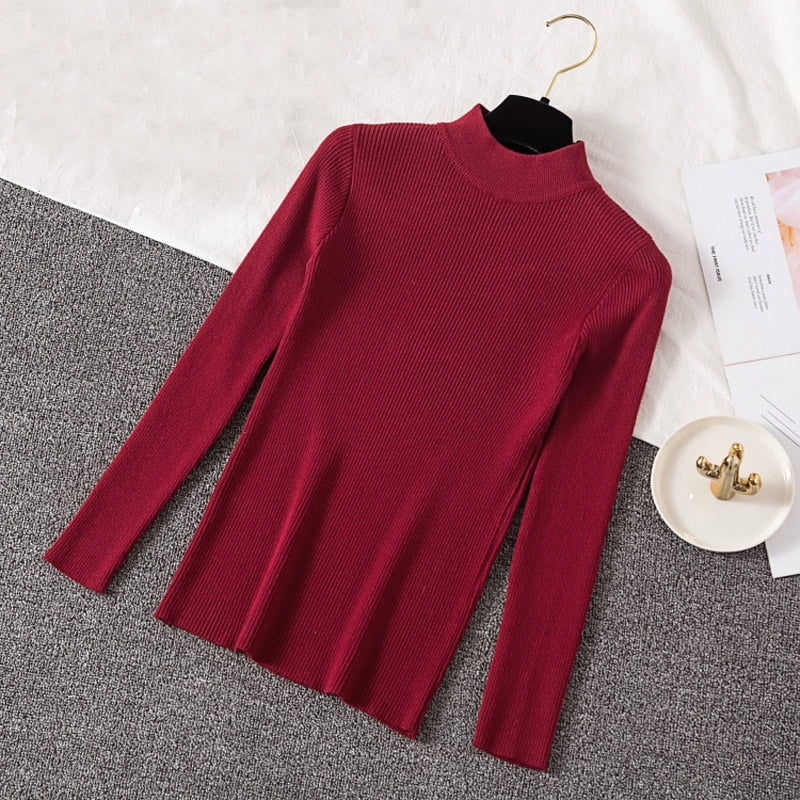 Autumn Women Pullover Sweater Fashion Half Turtleneck Knitted Female Jumper Long Sleeve Winter Black Soft Elastic Blouse