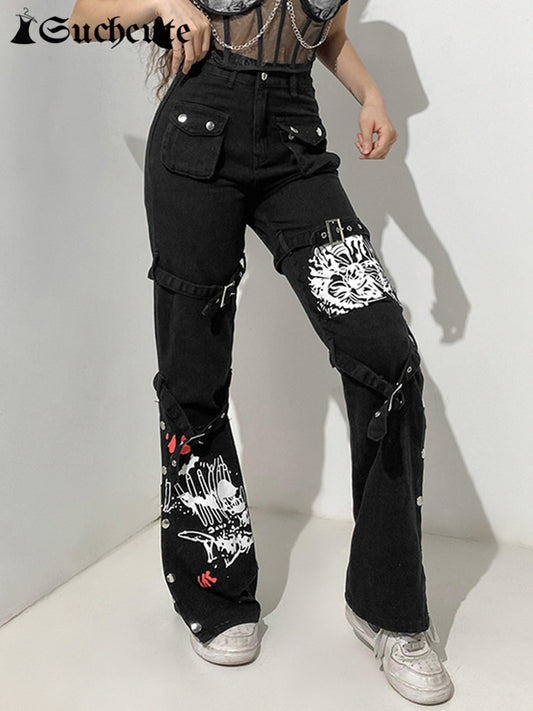 Jeans stile Punk in Denim nero Streetwear