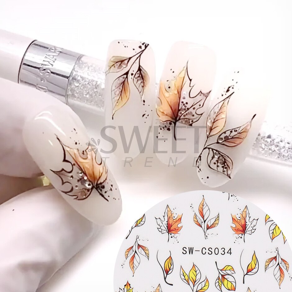 Maple Leaf Fall Nail Design Black Yellow Leaves Autumn Nail Art Stickers for Manicure 3D Polish  October Sliders Foils SASW-CS