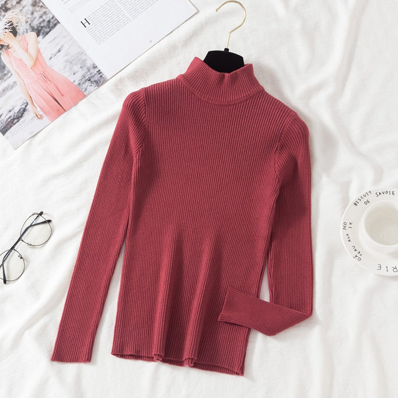 Autumn Women Pullover Sweater Fashion Half Turtleneck Knitted Female Jumper Long Sleeve Winter Black Soft Elastic Blouse