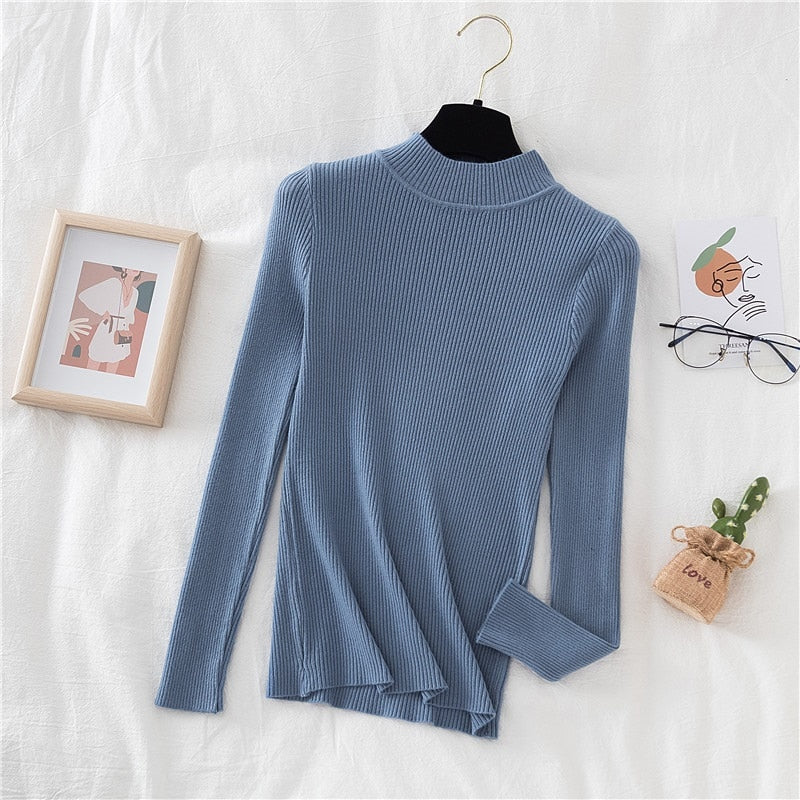 Autumn Women Pullover Sweater Fashion Half Turtleneck Knitted Female Jumper Long Sleeve Winter Black Soft Elastic Blouse