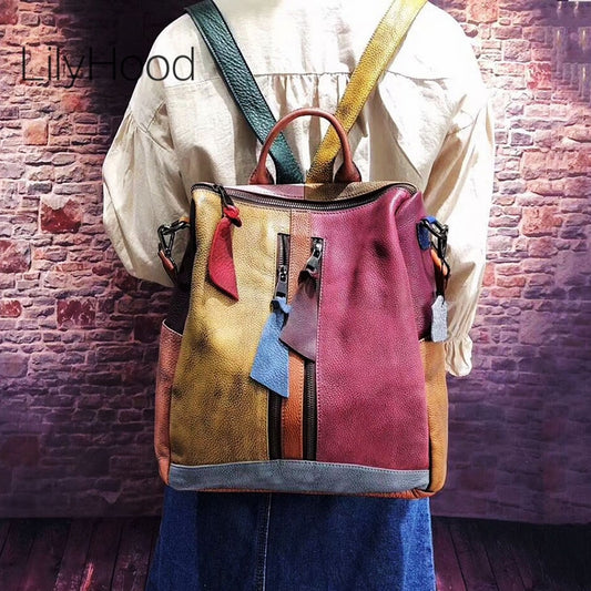 Cowhide Leather Backpack Women Casual High Quality Genuine Leather Retro Knapsack Female Vintage Big Capacity Sling Bag Packsack